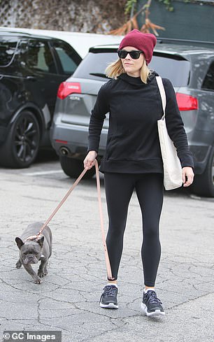 Actress Reese Witherspoon was spotted with her French bulldog