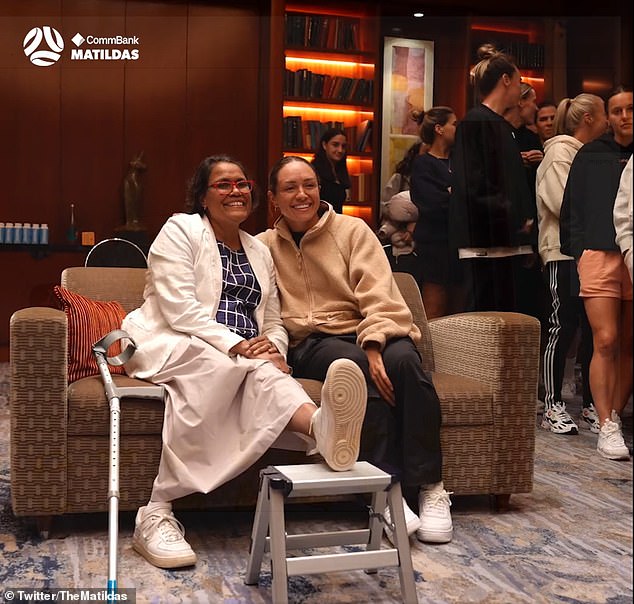 Freeman was first seen needing help walking as she used crutches during a surprise visit to the Matildas in July (pictured with Matildas star Kyah Simon)