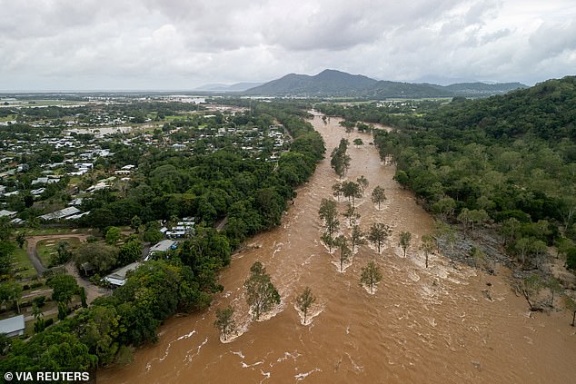 Pictured is an aerial view of the floodwaters at Lake Placid in Cairns