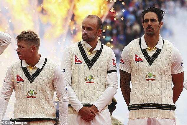 Warner (left) and Johnson (right, next to Nathan Lyon, center of photo) were former Test teammates before the explosive motorcade