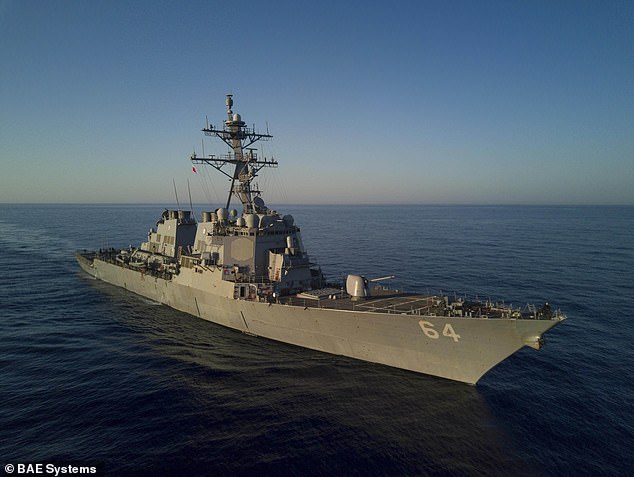 Pictured: USS Carney, DDG 64, in Jacksonville, Florida.  The Pentagon said: 'We are aware of reports of attacks on the USS Carney and commercial ships in the Red Sea and will provide information as it becomes available.'