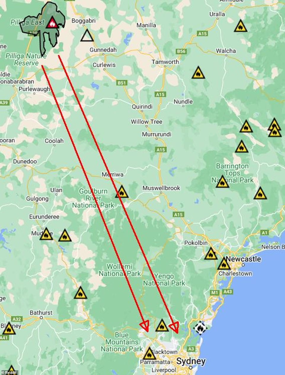 Smoke from the fire reached as far as Coonamble, Tamworth, Dubbo, Newcastle and Sydney