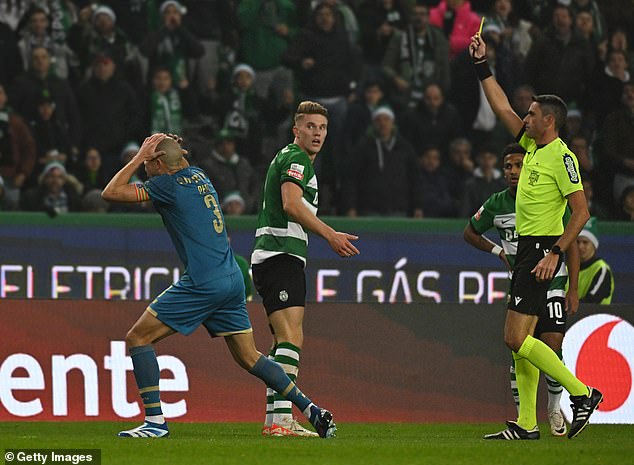 Pepe was in disbelief after receiving his first yellow card in the first half on Monday