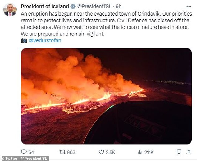 The President of Iceland says that the area is closed and that the authorities continue to monitor the situation as it develops