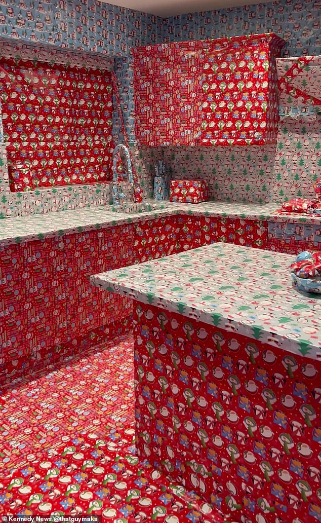 Mak was home alone last week when he spent around £220 on 114 rolls of Christmas paper and decided to shock his family by covering every item in it