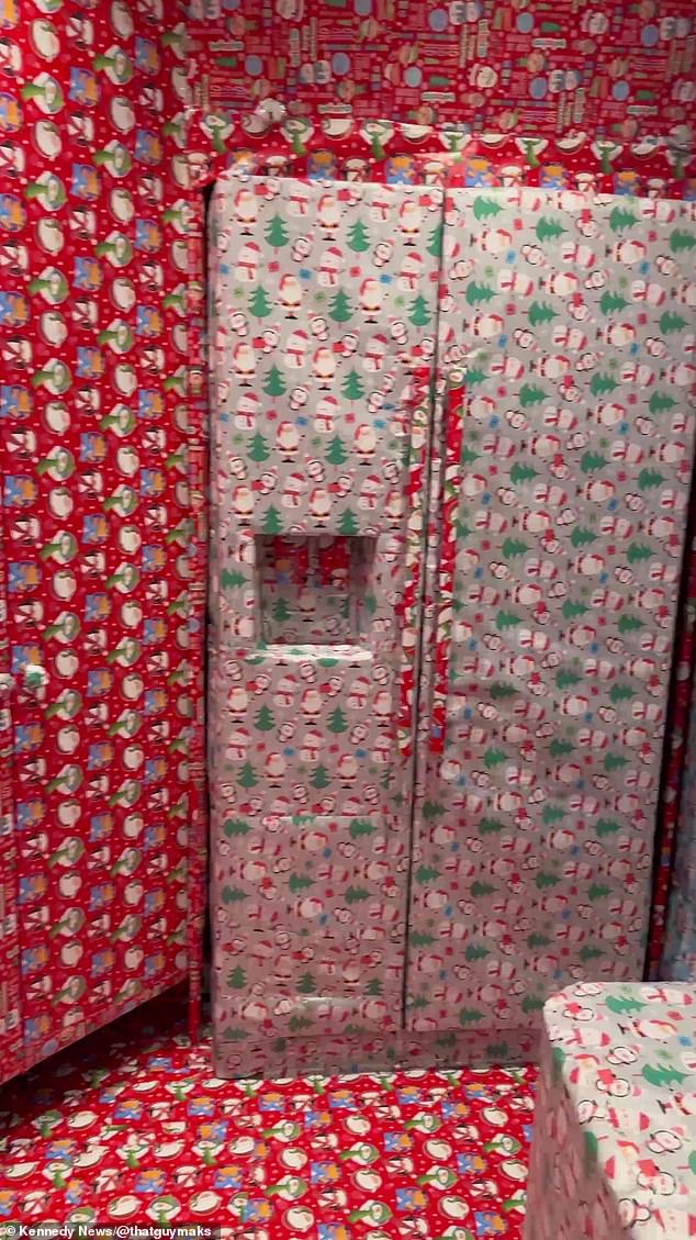 I even did an incredible job of wrapping the refrigerator in silver wrapping paper to make it stand out