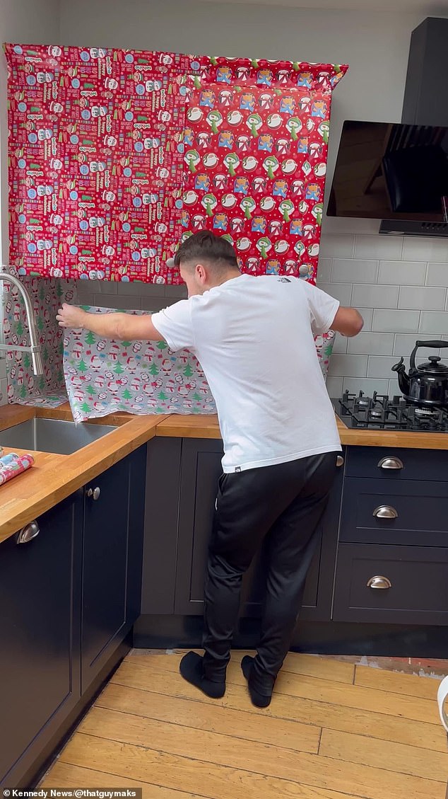 The 20-year-old's viral video shows him wrapping red and silver paper over the kitchen cabinets and each part of the hob individually