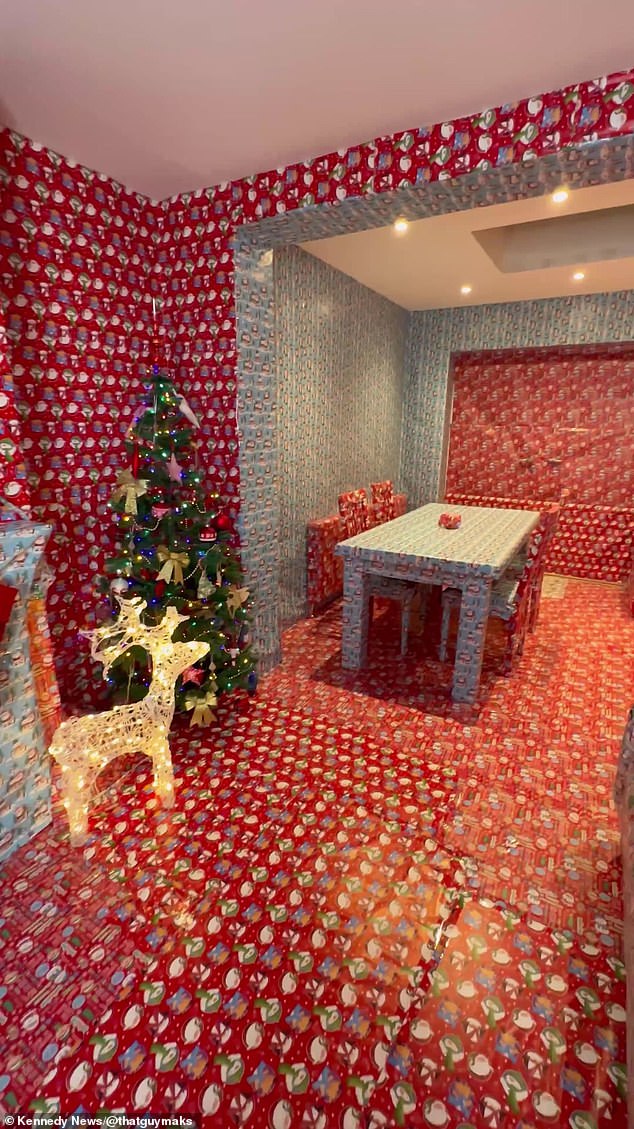 He then stretched the rollers across the walls and floors, making the living and dining room look like a giant Christmas present