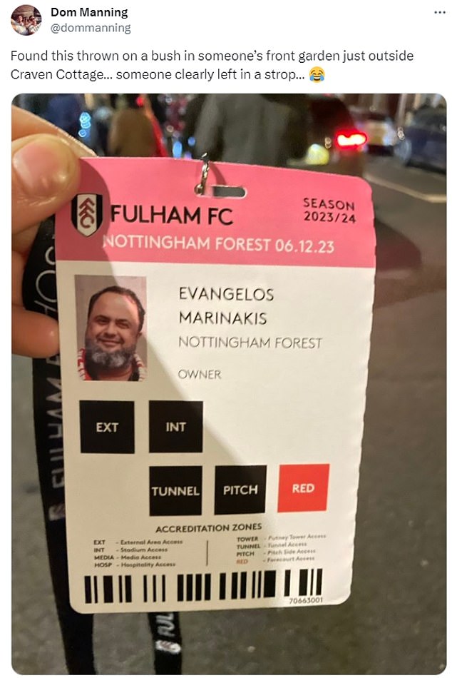 Forest owner Marinakis is said to have thrown his Craven Cottage accreditation pass into a bush outside the ground after their 5-0 defeat to Fulham