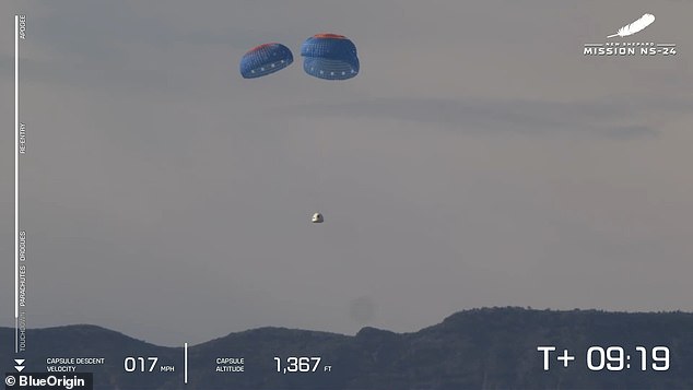 The capsule landed three minutes later and floated back to Earth with its parachutes