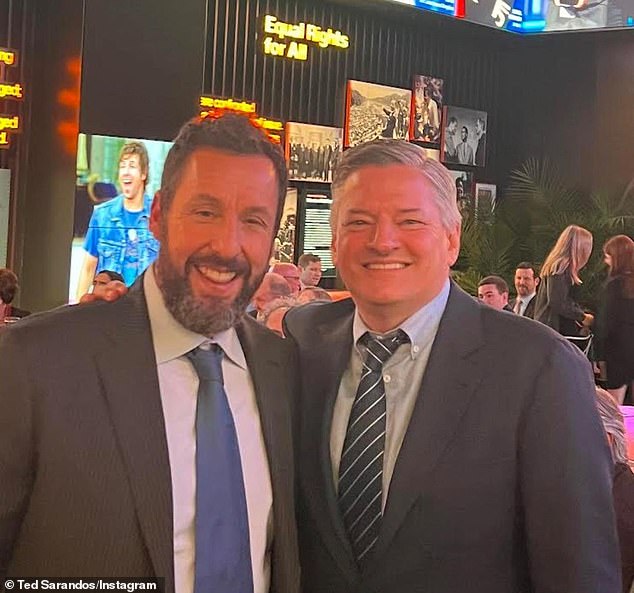 Spaceman doesn't appear to be part of the Mark Twain Prize winner's lucrative $250 million deal with Netflix, as he already produced and starred in 10 films for them between 2015 and 2023, which racked up over two billion views ( pictured on March 20 with Netflix co-CEO Ted Sarandos)