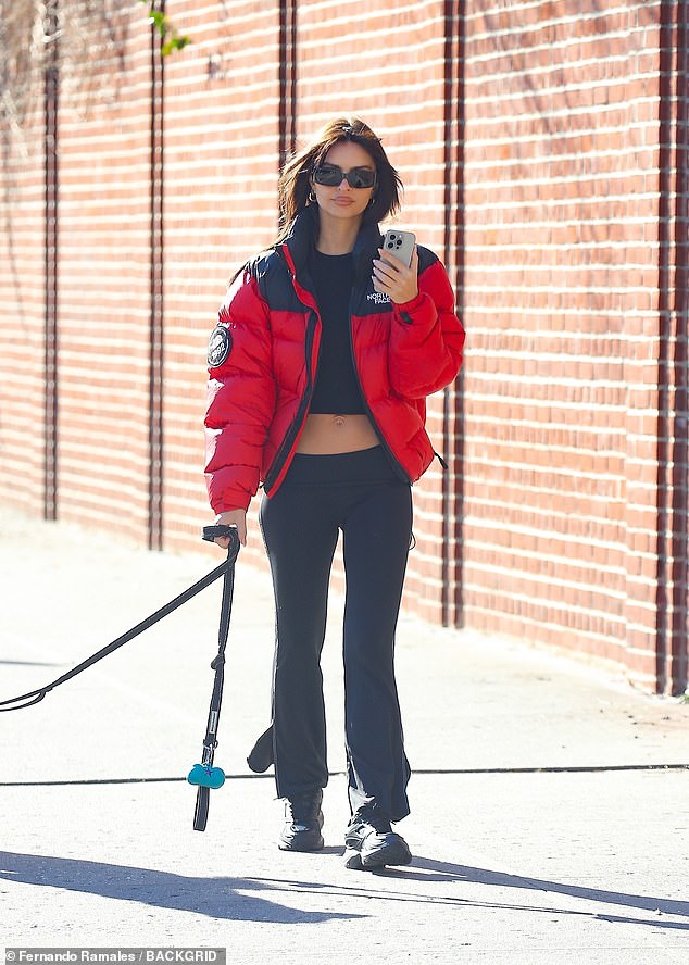 The brunette model stayed warm in a red and blue puffy coat, with black sneakers and sunglasses