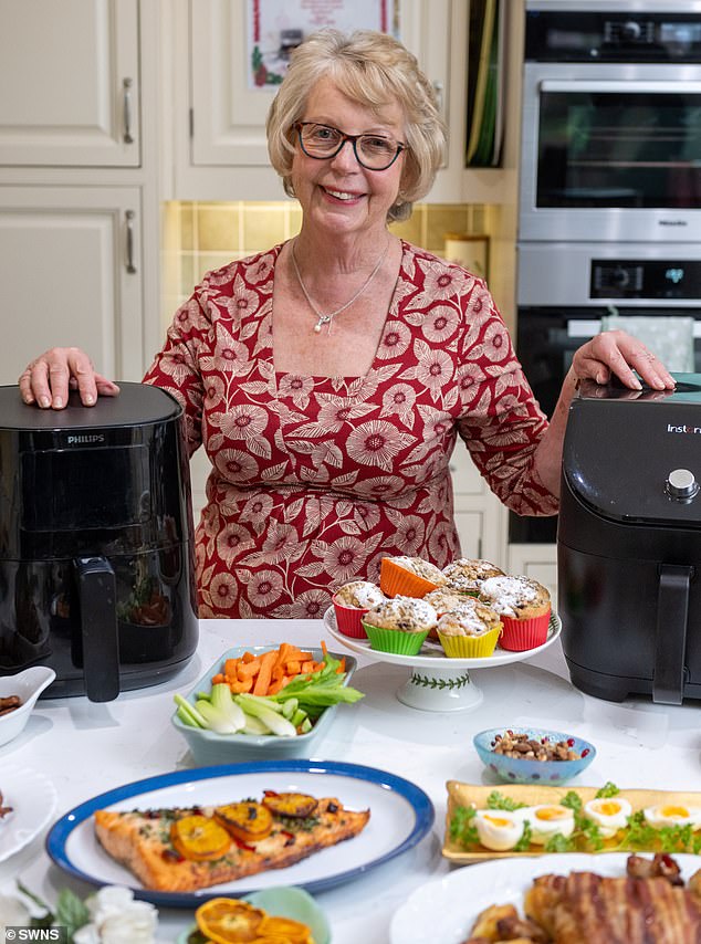 Beverley, a great-grandmother of two, said: 'I make pigs in blankets, two roast turkey breasts wrapped in bacon, I cook basmati rice in the air fryer for a Christmas salad'