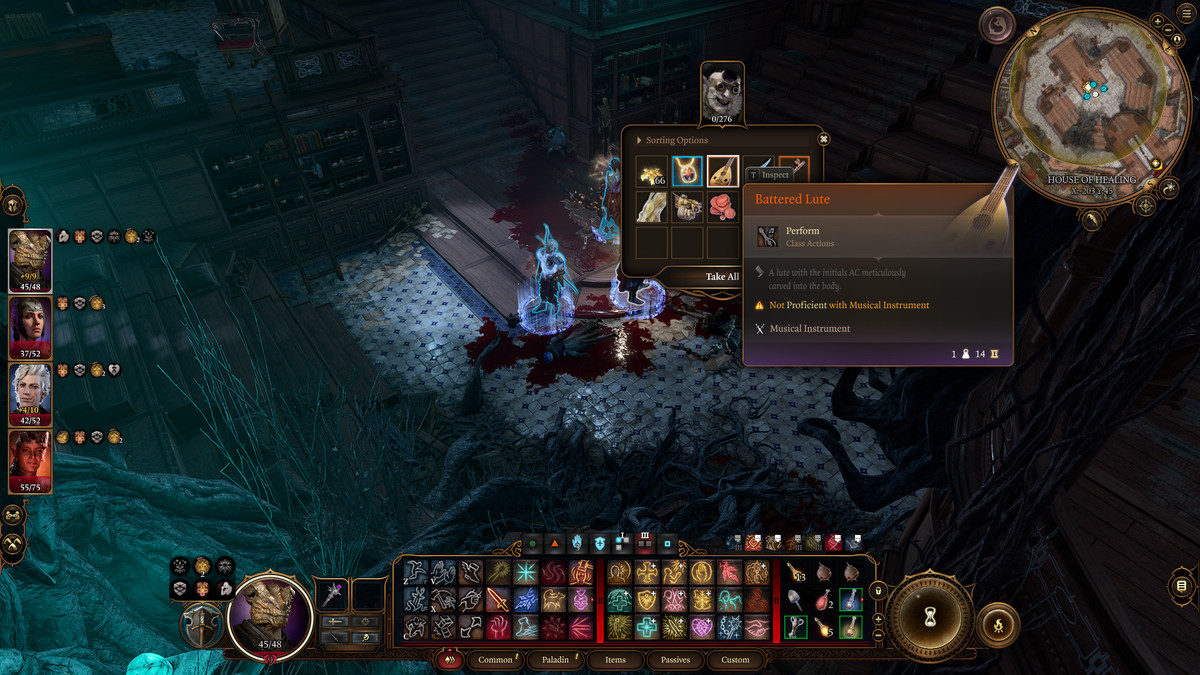 The player character loots a Battered Lute from an evil surgeon in Baldur's Gate 3