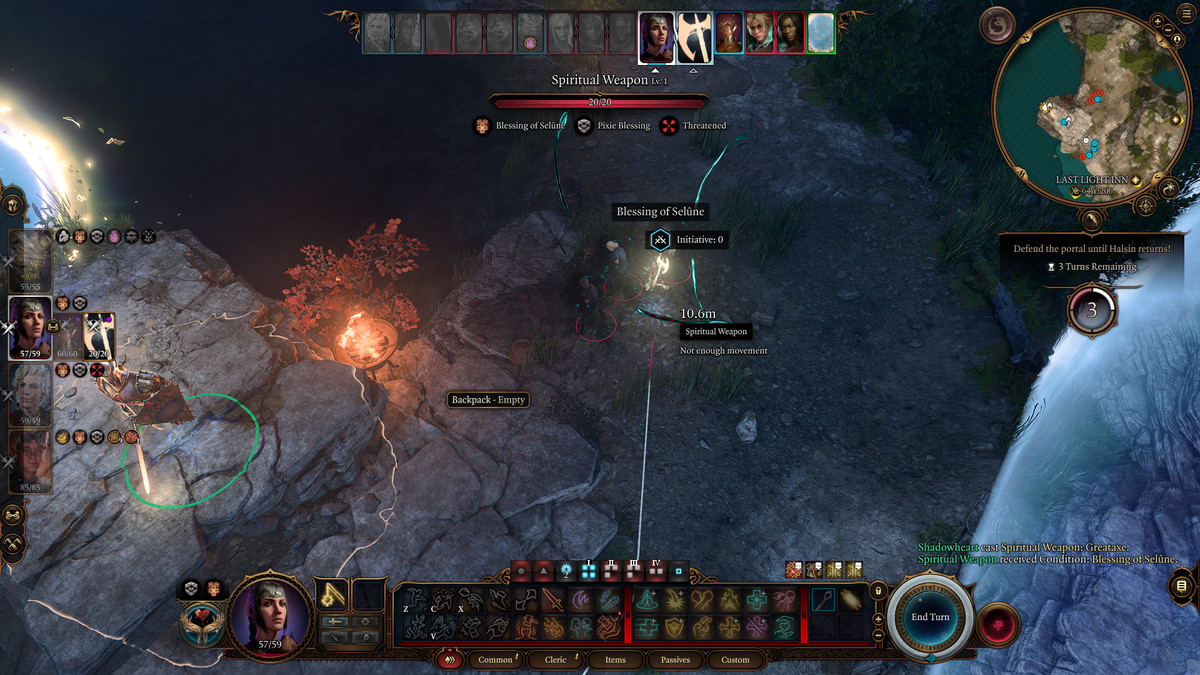 The player battles a large group of undead enemies while defending a portal in Baldur's Gate 3