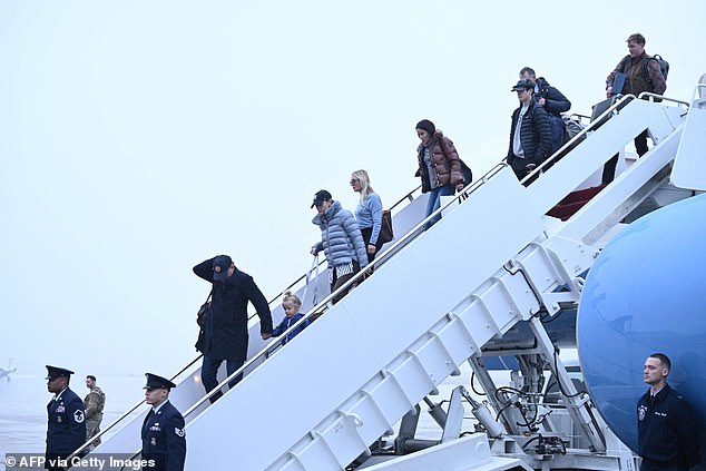 Many of Biden's family members flew with the president on Air Force One: Above: Hunter Biden, Beau Biden, Ashley Biden, Melissa Cohen, Natalie Biden and Hunter Jr.  leaving Air Force One in November upon returning to Washington DC from Nantucket