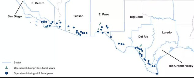 Map of U.S. Border Patrol checkpoints along the southern border, according to the Government Accountability Office