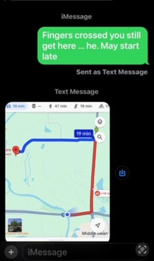 Ms Hyder claims it took her more than five hours to get from her home to the concert at Nikola Estate, Swan Valley, after an official concert shuttle bus got stuck in traffic.  (Image: Text messages Ms Hyder sent to a friend while stuck in traffic before the concert)