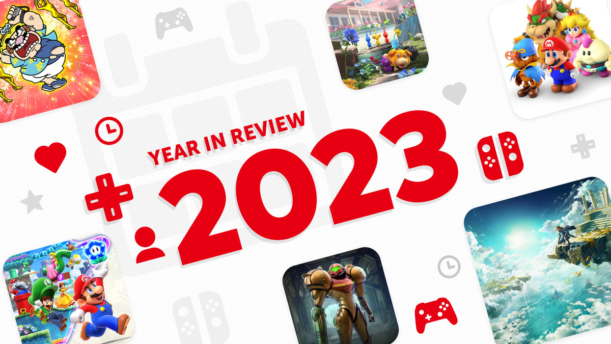 A graphic text “Year in Review 2023” surrounded by screenshots of Nintendo games