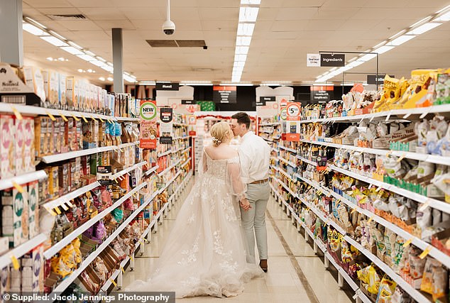 The newlyweds met in the same aisle seven years ago when they worked at the supermarket