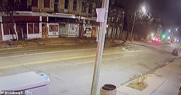 Surveillance footage shows the car driving down the road, almost hitting a parked vehicle before swerving to the left and crashing into the bar