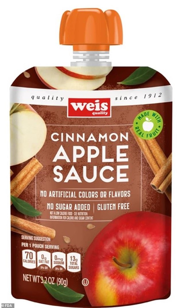 Brands include WanaBana brand apple cinnamon fruit puree and Schnucks and Weis brand cinnamon applesauce sachets.  The products were sold in stores and online