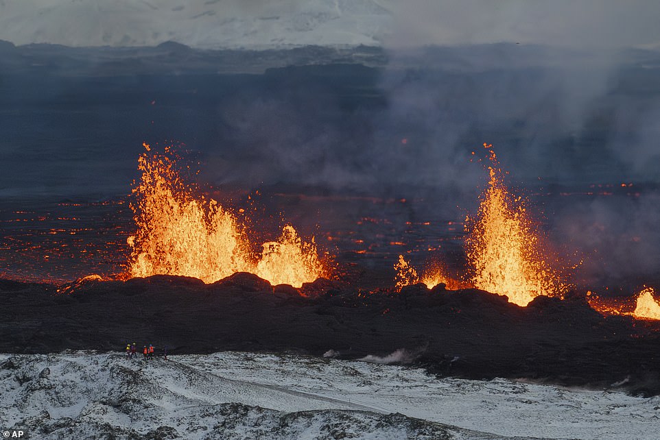 A close-up of the southern active part of the original fissure of an active volcano in Grindavik on Iceland's Reykjanes Peninsula