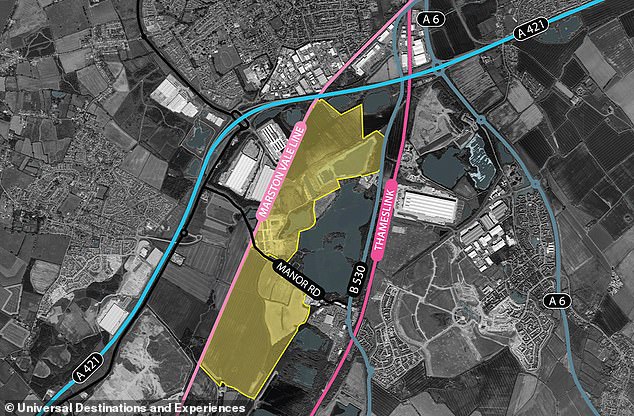 This map, published by Universal, shows the land (in yellow) purchased by the entertainment giant as it assesses the feasibility of the Bedford project