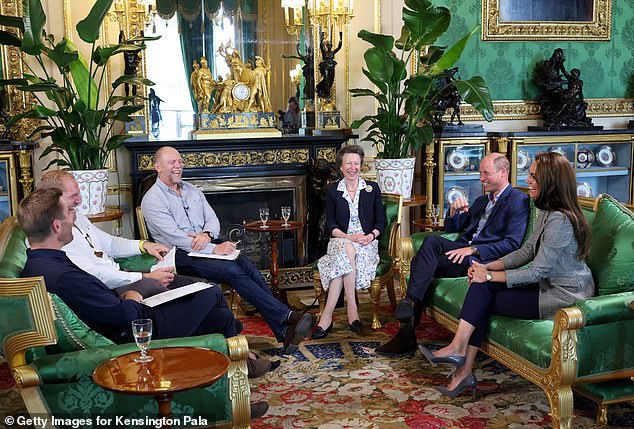 William, Prince of Wales and Catherine, Princess of Wales burst into laughter as they joined Mike and his mother as they attended the recording of a special episode of The Good, The Bad and The Rugby podcast in the Green Drawing Room at Windsor Castle.  in-laws, Princess Anne