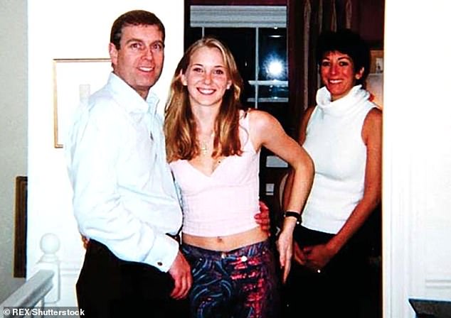 Prince Andrew, Virginia Roberts, aged 17, and Ghislaine Maxwell in 2001 at Ghislaine Maxwell's mansion in London