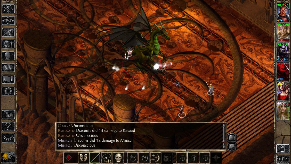 A group consisting of characters Gary, Rasaad and Minsc battle a dragon in Baldur's Gate 2