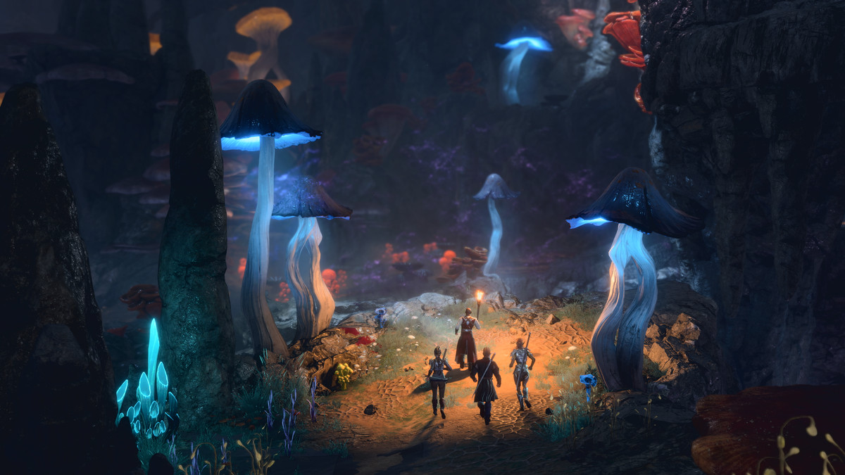 Four Baldur's Gate 3 characters walk through an area illuminated by oversized blue glowing mushrooms