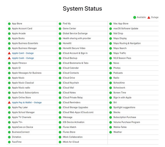 The tech giant's system status dashboard shows that Apple Card, Cash and Pay & Wallet are not working.  Data shows there are an estimated 507 million Apple Pay users worldwide and more than six million cardholders in the US