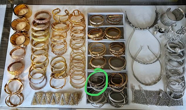 A selection of the jewels stolen by the gang from Miss Ecclestone's country house.  The circled image shows the bracelet that Tamara's husband Jay bought her when their child Sophie was born.  her daughter's name is spelled out in diamonds and was presented while Tamara was in hospital