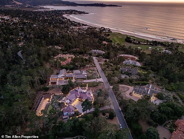 The exterior of the house (left) measures approximately 3.16 acres and includes a barbecue area, multiple fire pits, a hot tub, a large green putting green, and private walking trails leading to the beach and woods.