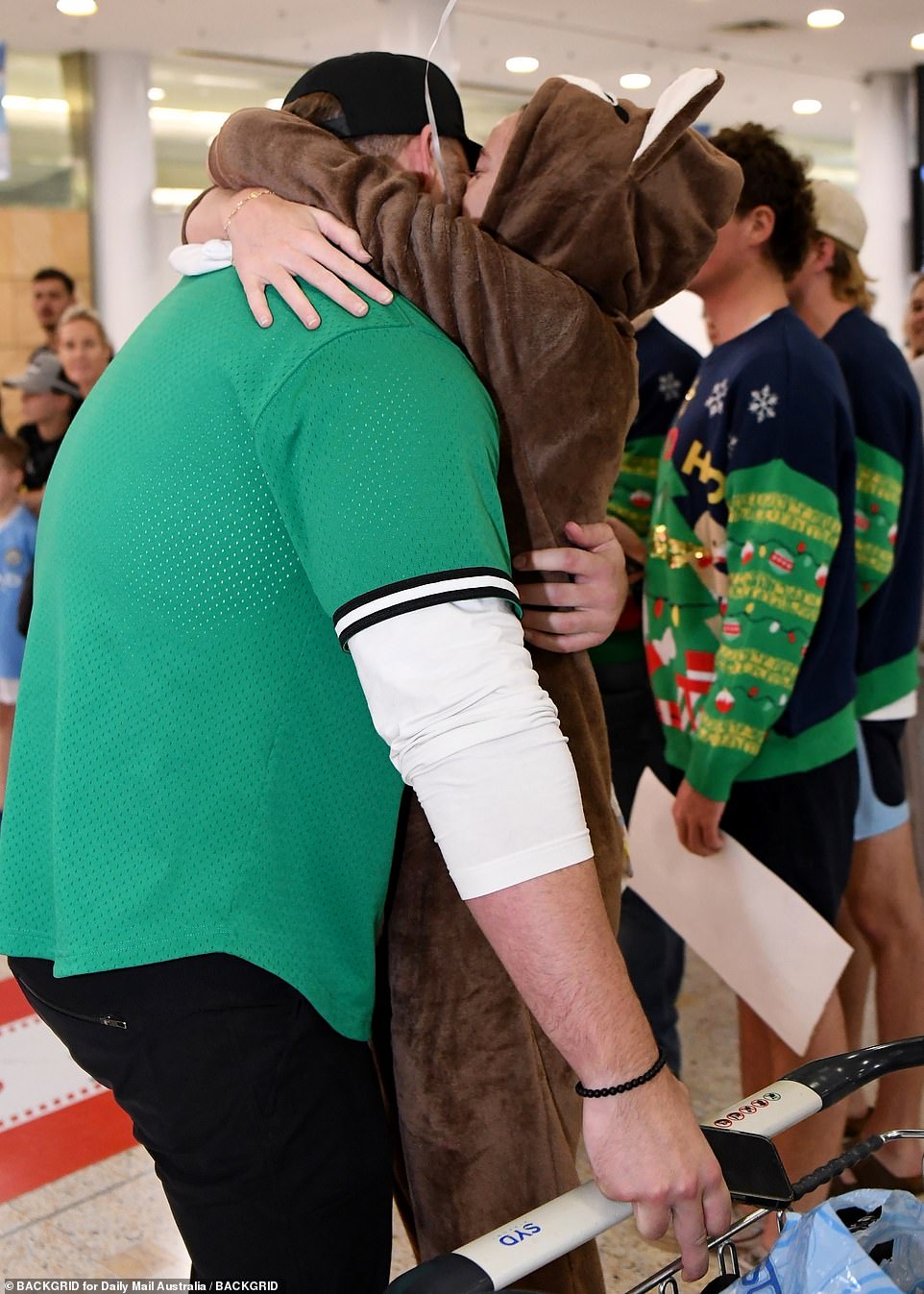 Bronte dressed up as a kangaroo to surprise her American boyfriend when he landed on Wednesday