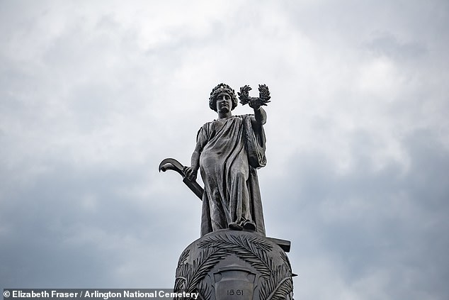 The statue, designed to represent the American South and unveiled in 1914, depicts a bronze woman, crowned with olive leaves, standing on a 35-foot pedestal.