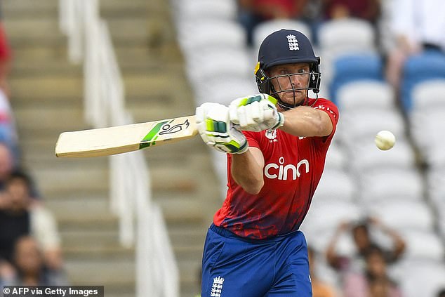 England's Jos Buttler hits a hit during the fourth T20 in Tarouba this weekend