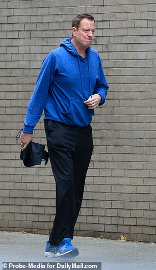 De Blasio sported a more youthful look as he left over the weekend, showing off his dyed hair and keeping it casual in a blue hoodie and sneakers