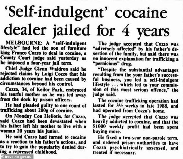 An article revealing the outcome of a drug trafficking case against Franco Cozzo's son
