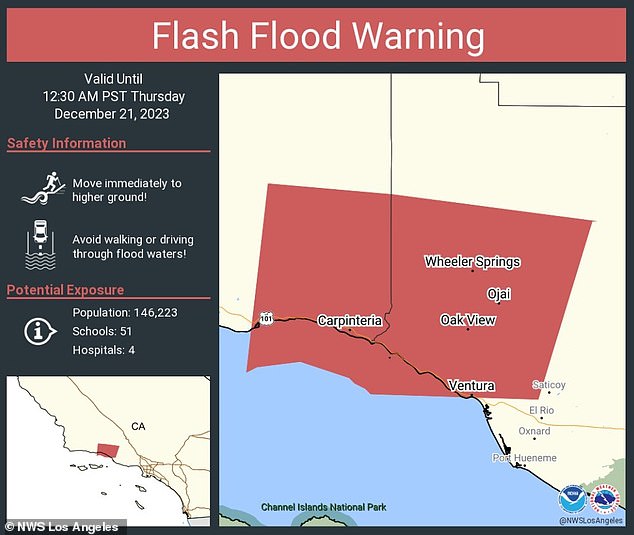 Thunderstorms are hitting Santa Barbara and Montecito, where the Duke and Duchess of Sussex live with their children, and a flash flood warning is currently in effect