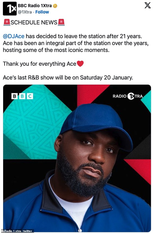 Radio1 Xtra said: 'DJ Ace has decided to leave the station after 21 years.  Ace has been an integral part of the station over the years, hosting some of its most iconic moments.