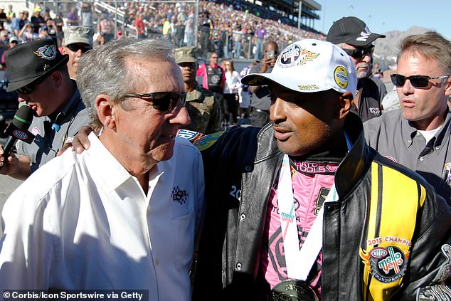 Antron Brown (right) became the first African-American driver to win the world title in 2015, and he did so while competing for Don Schumacher's NHRA team (left).