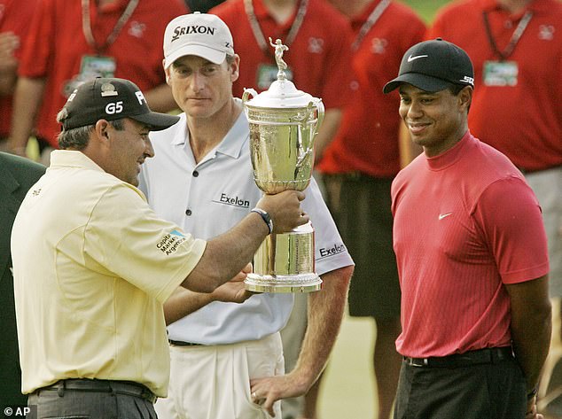 Cabrera won his first major in 2007, beating Tiger Woods (R) and Jim Furyk (L) to the US Open