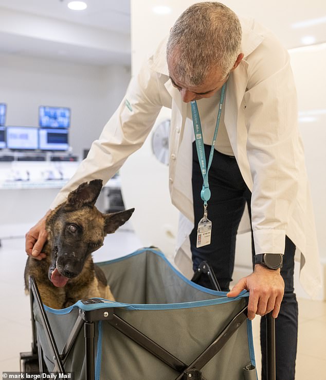 Professor Shai Efrati with Mikey in her cart, ready to leave after treatment