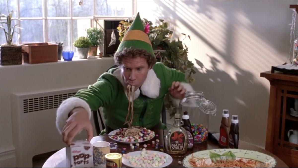 Buddy the elf and his breakfast spaghetti – a concoction that combines pasta and sweets