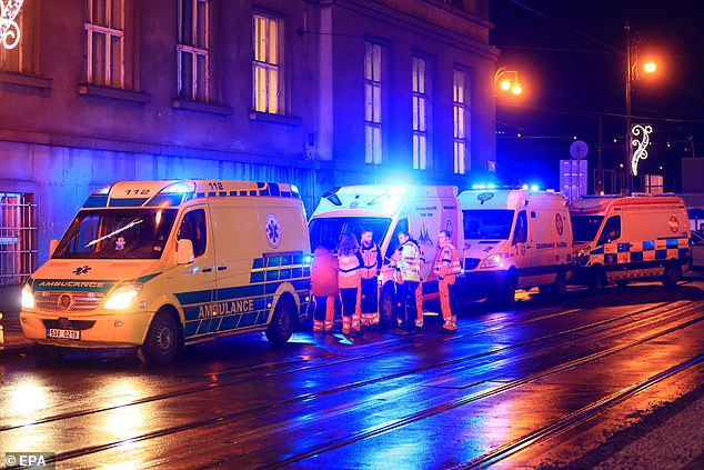 Emergency service members at the scene of a shooting at Charles University in central Prague on Thursday afternoon