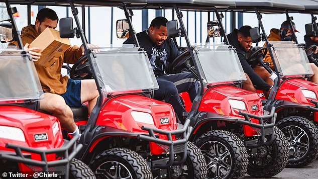 The Chiefs shared the linemen's reactions to their presents before driving around a parking lot