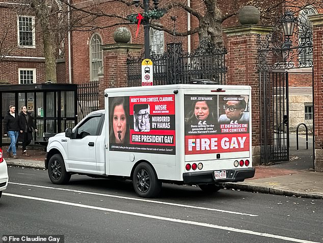 A billboard at Harvard demands the resignation of President Claudine Gay.  The billboard showed New York Rep. Elise Stefanik ripping into Gay after she failed to condemn a blatantly anti-Semitic statement