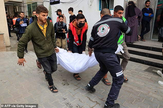 People carry the shrouded body of a person killed during the Israeli bombardment of the Kuwait Hospital in Rafah in the southern Gaza Strip on December 20